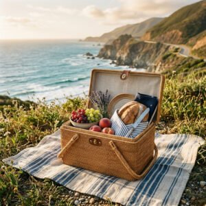 Folding Rattan Picnic Basket