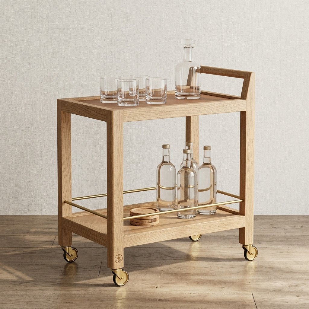 Solid Oak Rolling Bar Cart